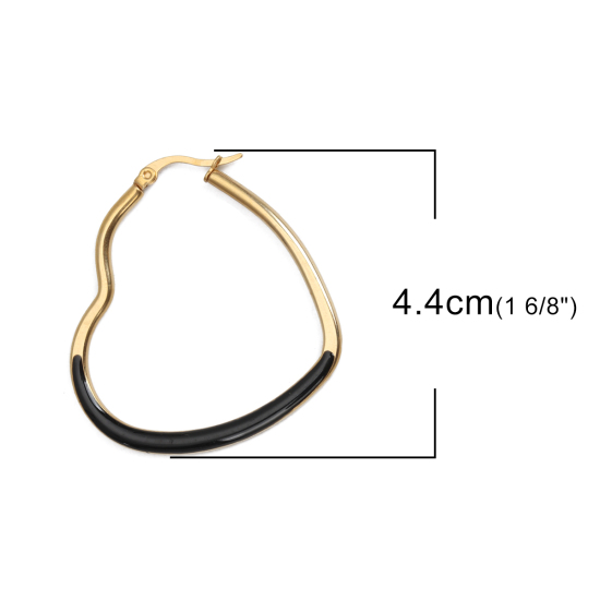304ステンレス鋼 フープピアス 金メッキ 黒 ハート エナメル 4.4cm x 4cm、 ワイヤーサイズ: （17号）、 1 ペア の画像