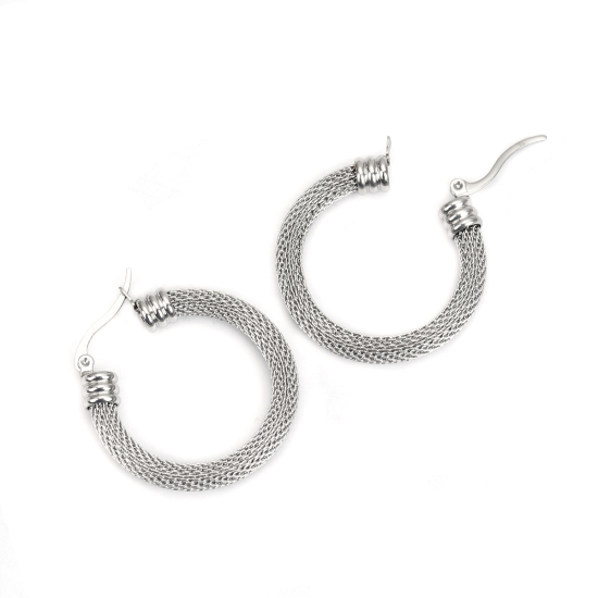 Immagine di 304 Acciaio Inossidabile orecchino cerchio Tono Argento Tondo Filigrana 3.6cm x 3.2cm, Posta / Filo Dimensione: (17 misura), 1 Paio