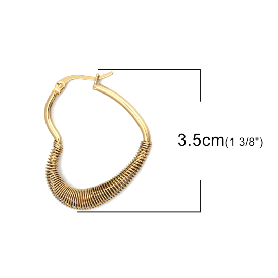 Picture of 304 Stainless Steel Hoop Earrings Gold Plated Heart 3.5cm x 2.9cm, Post/ Wire Size: (17 gauge), 1 Pair