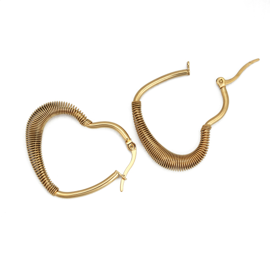 Picture of 304 Stainless Steel Hoop Earrings Gold Plated Heart 3.5cm x 2.9cm, Post/ Wire Size: (17 gauge), 1 Pair