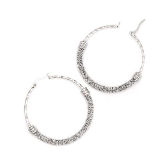 Immagine di 304 Acciaio Inossidabile orecchino cerchio Tono Argento Tondo Filigrana 5.3cm x 5.2cm, Posta / Filo Dimensione: (17 misura), 1 Paio