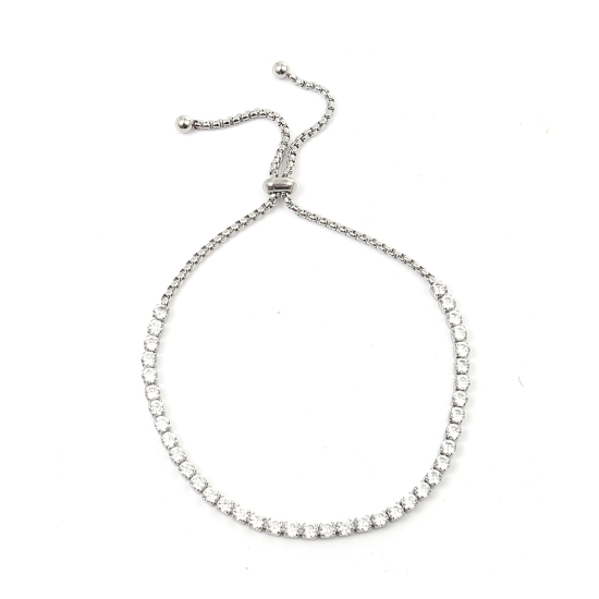 Imagen de 304 Acero Inoxidable Ajustable Slider/ Slide Pulsera Tono de Plata Transparente Rhinestone 25cm longitud, 1 Unidad