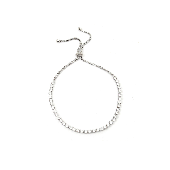 Imagen de 304 Acero Inoxidable Ajustable Slider/ Slide Pulsera Tono de Plata Transparente Rhinestone 25cm longitud, 1 Unidad