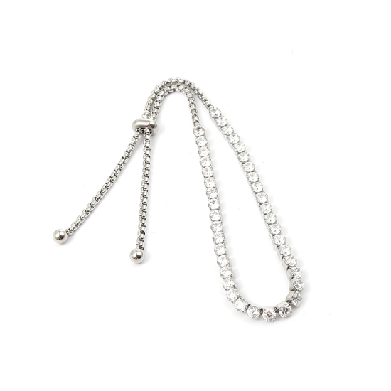 Imagen de 304 Acero Inoxidable Ajustable Slider/ Slide Pulsera Tono de Plata Transparente Rhinestone 25cm longitud, 1 Unidad