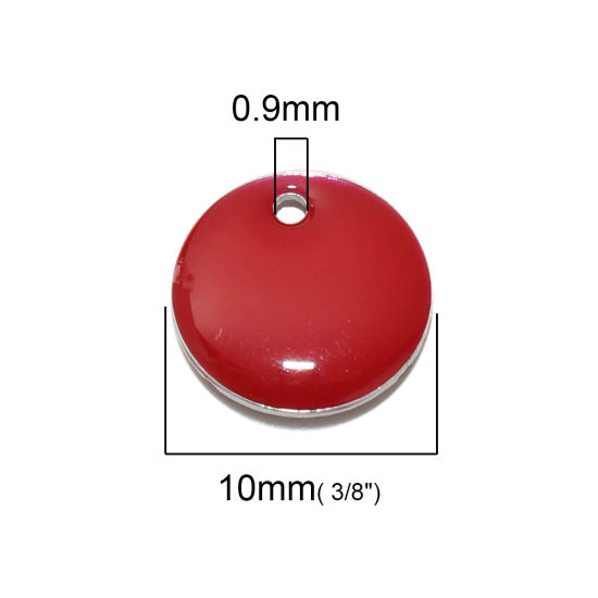 Изображение 10 ШТ Латунь Эмалированные Блестки Подвески Серебряный Тон Красный Круглые 10мм диаметр