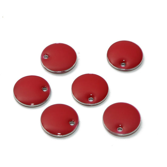 Bild von 10 Stück Messing Emaillierte Pailletten Charms Silberfarbe Rot Rund 10mm Dia