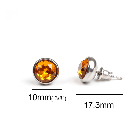 Bild von 304 Edelstahl November Geburtsstein Ohrpfosten Ohrstecker Silberfarben Rundorange Strass 10 mm Durchmesser, Pfosten / Draht Größe: (21 Gauge), 1 Paar