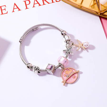 Aleación del Cinc & Acero Inoxidable Brazalete Tono de Plata Color rosa Ronda Flor Ajustable 5.5cm Diámetro, 1 Unidad