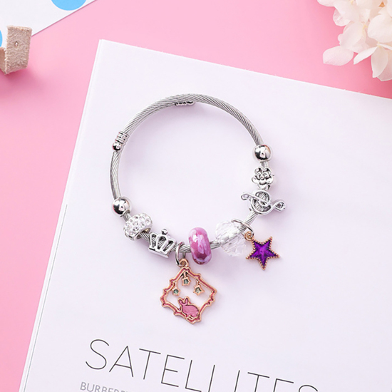 Imagen de Aleación del Cinc & Acero Inoxidable Brazalete Tono de Plata Rosa & Violeta Ronda Estrella Ajustable 5.5cm Diámetro, 1 Unidad