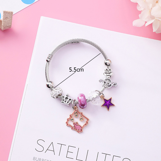Imagen de Aleación del Cinc & Acero Inoxidable Brazalete Tono de Plata Rosa & Violeta Ronda Estrella Ajustable 5.5cm Diámetro, 1 Unidad