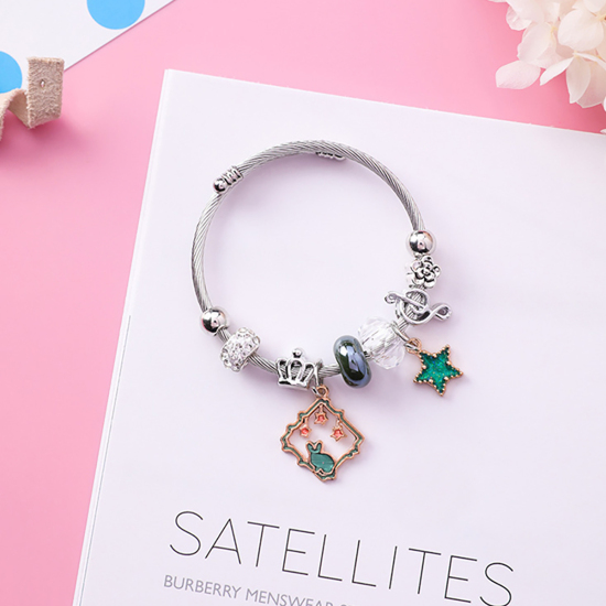 Immagine di Lega di Zinco & Acciaio Inossidabile Braccialetto Tono Argento Verde Tondo Stella Regolabile 5.5cm Dia, 1 Pz