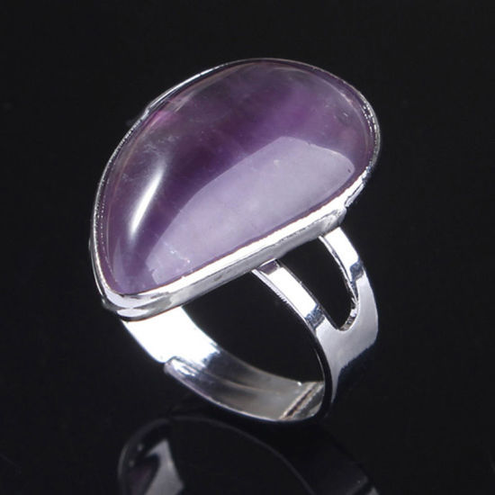 Picture of Copper & Amethyst ( Natural ) Open Adjustable Rings Silver Plated Purple Drop 1 Piece