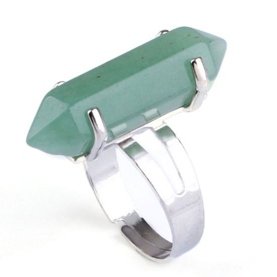 Picture of Copper & Aventurine ( Natural ) Open Adjustable Rings Silver Plated Green Hexagonal Column 1 Piece