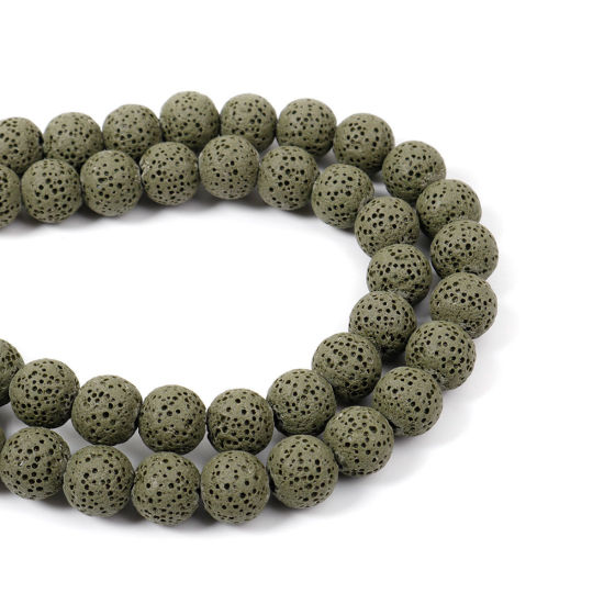 Bild von Lavagestein （ Natur ） Perlen Rund Militärgrün ca. 10mm D., Loch:ca. 2.3mm, 39.5cm lang, 1 Strang (ca. 41 Stück/Strang)
