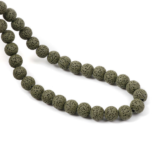 Bild von Lavagestein （ Natur ） Perlen Rund Militärgrün ca. 10mm D., Loch:ca. 2.3mm, 39.5cm lang, 1 Strang (ca. 41 Stück/Strang)