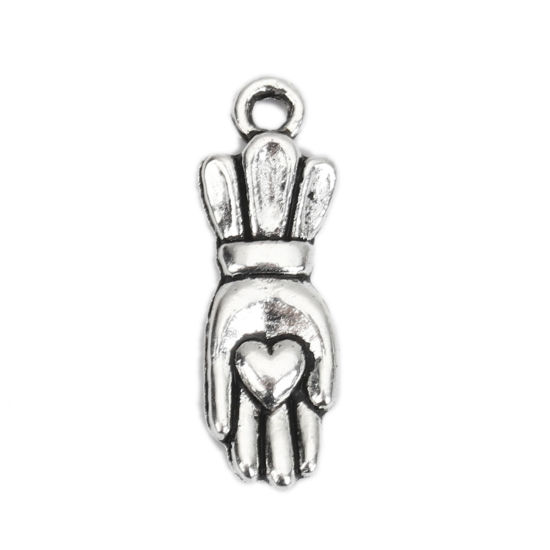 Image de 100 Pcs Breloques en Alliage de Zinc Argent Vieilli Main Cœur 21mm x 7mm