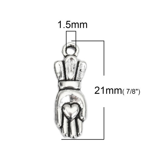 Image de 100 Pcs Breloques en Alliage de Zinc Argent Vieilli Main Cœur 21mm x 7mm