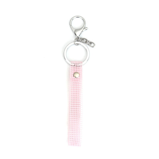 Picture of Zinc Based Alloy & Plastic Keychain & Keyring Pink Grid Checker Hollow 18.8cm, 5 PCs