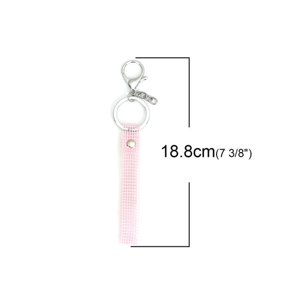 Picture of Zinc Based Alloy & Plastic Keychain & Keyring Pink Grid Checker Hollow 18.8cm, 5 PCs