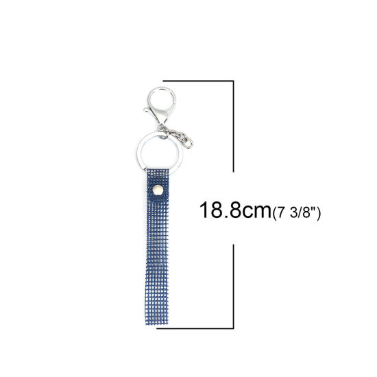 Picture of Zinc Based Alloy & Plastic Keychain & Keyring Navy Blue Grid Checker Hollow 18.8cm, 5 PCs
