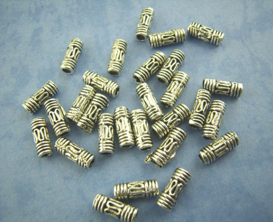 Bild von Zinklegierung Zwischenperlen Spacer Perlen Zylinder Antiksilber Muster Geschnitzt ca. 8mm x 3mm, Loch:ca. 1.7mm, 200 Stück