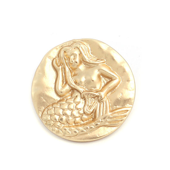 Immagine di Lega di Zinco Metallo Gambo Bottone Single hole Tondo Oro Placcato Oro Sirena Pesce Disegno 19mm Dia, 5 Pz