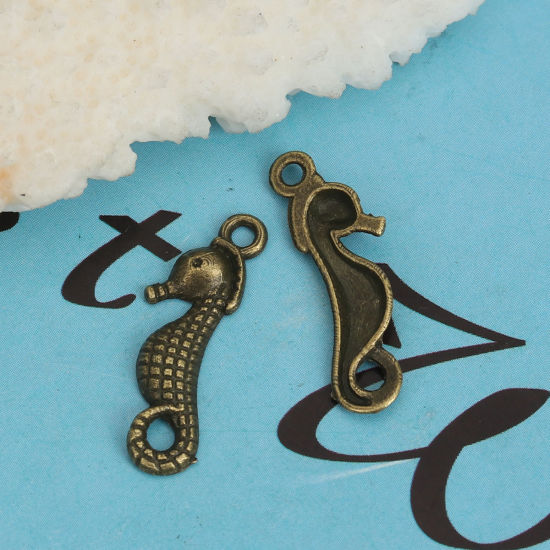 Imagen de Zamak Joyería del océano Colgantes Charms Caballito de mar Bronceado 23mm x 7.2mm, 100 Unidades