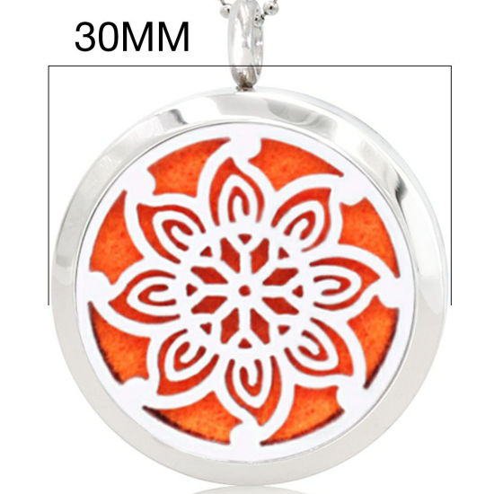 Picture of 316L Stainless Steel Aromatherapy Essential Oil Diffuser Locket Pendants Round Silver Tone Flower Can Open 30mm Dia., 1 Piece