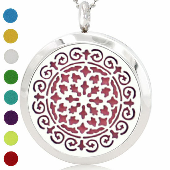 Picture of 316L Stainless Steel Aromatherapy Essential Oil Diffuser Locket Pendants Round Silver Tone Filigree Can Open 30mm Dia., 1 Piece