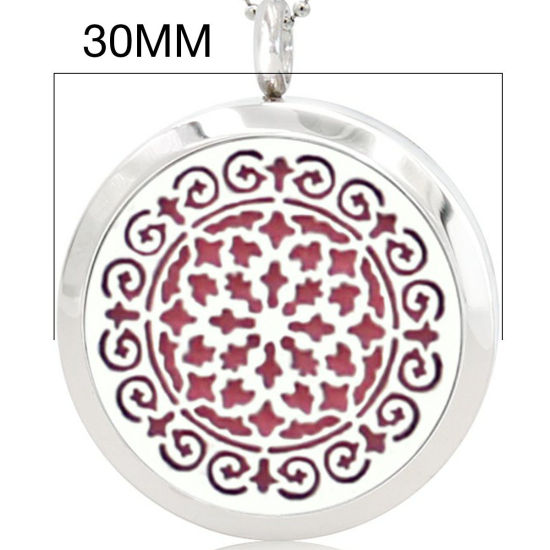 Picture of 316L Stainless Steel Aromatherapy Essential Oil Diffuser Locket Pendants Round Silver Tone Filigree Can Open 30mm Dia., 1 Piece
