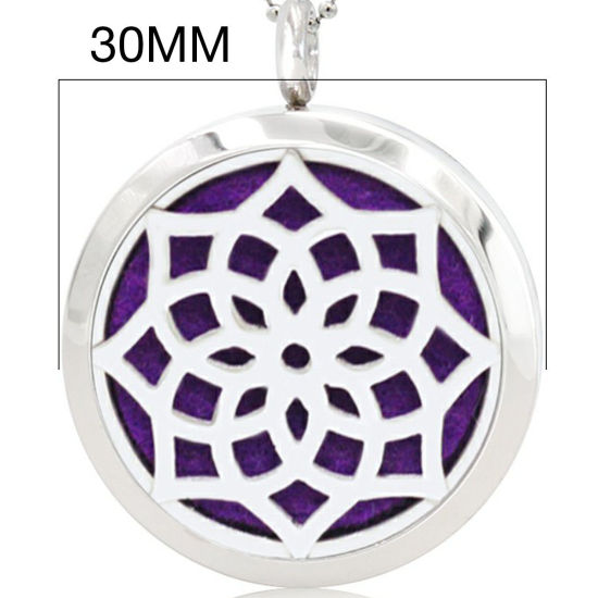 Picture of 316L Stainless Steel Aromatherapy Essential Oil Diffuser Locket Pendants Round Silver Tone Lotus Flower Can Open 30mm Dia., 1 Piece