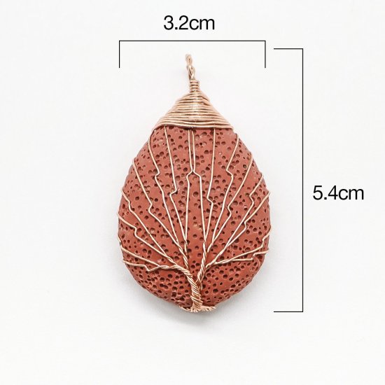 Picture of Lava Rock ( Natural ) Pendants Drop Red Brown Tree Wrapped 5.4cm x 3.2cm - 5.1cm x 3.1cm, 1 Piece