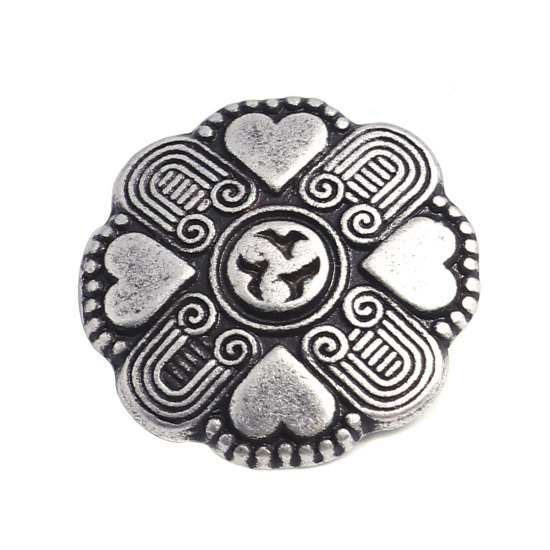 Picture of Zinc Based Alloy Sewing Shank Buttons Single Hole Flower Antique Silver Color Filled Heart Carved 20mm x 20mm, 10 PCs
