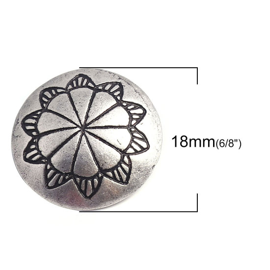 Picture of Zinc Based Alloy Sewing Shank Buttons Single Hole Round Antique Silver Color Filled Carved Pattern Carved 18mm Dia., 10 PCs
