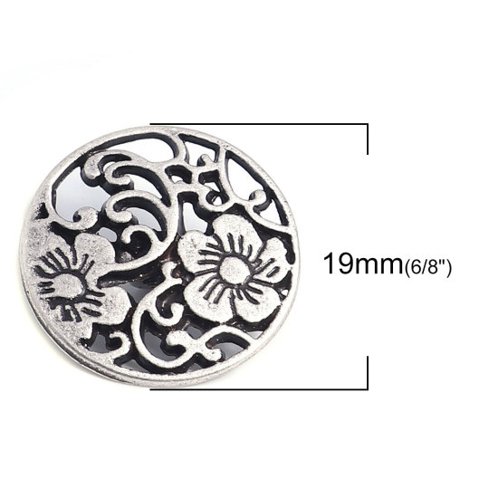 Picture of Zinc Based Alloy Sewing Shank Buttons Single Hole Round Antique Silver Color Filled Filigree Carved 19mm Dia., 10 PCs