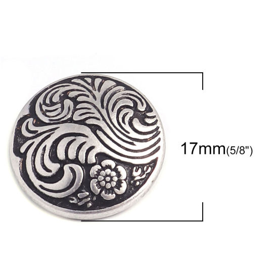 Picture of Zinc Based Alloy Sewing Shank Buttons Single Hole Round Antique Silver Color Filled Filigree Carved 17mm Dia., 10 PCs