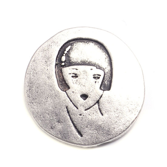 Picture of Zinc Based Alloy Sewing Shank Buttons Single Hole Round Antique Silver Color Filled Woman Carved 19mm Dia., 5 PCs