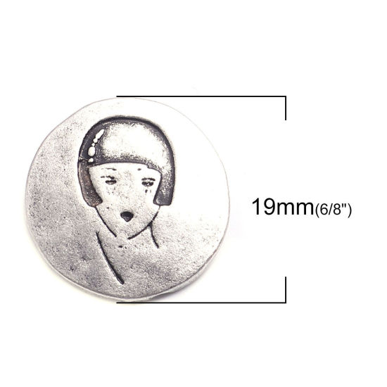 Picture of Zinc Based Alloy Sewing Shank Buttons Single Hole Round Antique Silver Color Filled Woman Carved 19mm Dia., 5 PCs