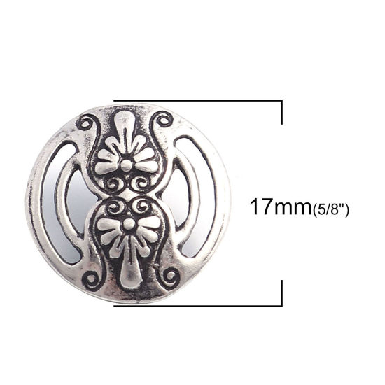 Picture of Zinc Based Alloy Sewing Shank Buttons Single Hole Round Antique Silver Color Filled Carved Pattern Carved 17mm Dia., 10 PCs