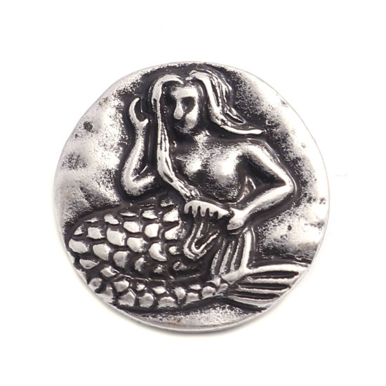 亜鉛合金 裏穴ボタン 単穴 円形 銀古美 人魚柄 19mm 直径、 5 個 の画像