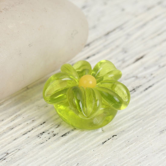 Picture of Lampwork Glass Japanese Style Beads Flower Fruit Green Petaline About 17mm x 15mm, Hole: Approx 2.6mm, 2 PCs