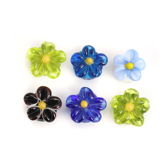 Picture of Lampwork Glass Japanese Style Beads Flower Fruit Green Petaline About 17mm x 15mm, Hole: Approx 2.6mm, 2 PCs