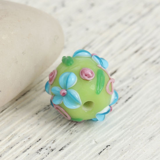 Picture of Lampwork Glass Japanese Style Beads Round Grass Green Flower Leaves About 14mm x 13mm, Hole: Approx 2.8mm, 1 Piece