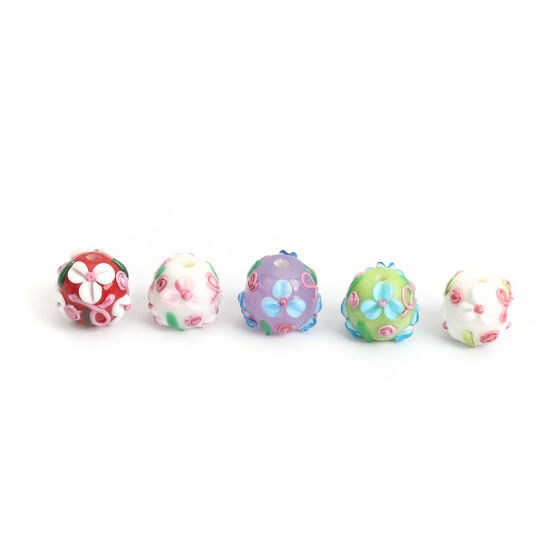 Picture of Lampwork Glass Japanese Style Beads Round Grass Green Flower Leaves About 14mm x 13mm, Hole: Approx 2.8mm, 1 Piece