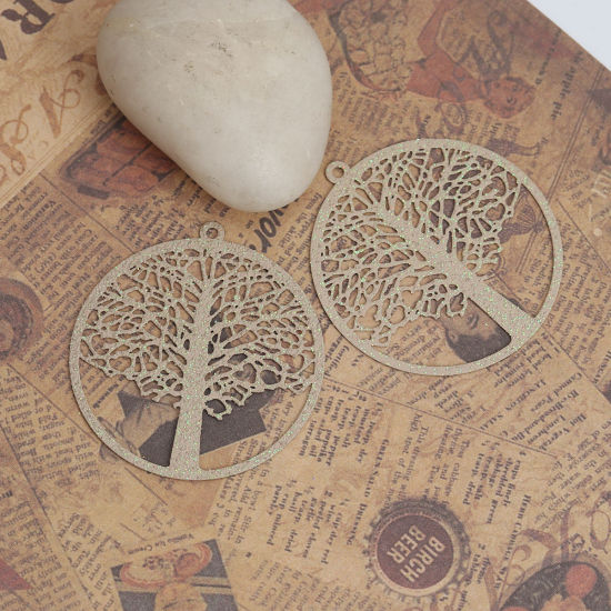 Immagine di Ottone Ciondoli Grigio Scuro Tondo Albero di Vita Filigree Stamping 4.3cm x 4cm, 5 Pz
