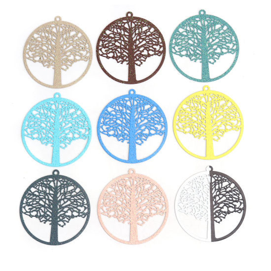 Immagine di Ottone Ciondoli Grigio Scuro Tondo Albero di Vita Filigree Stamping 4.3cm x 4cm, 5 Pz