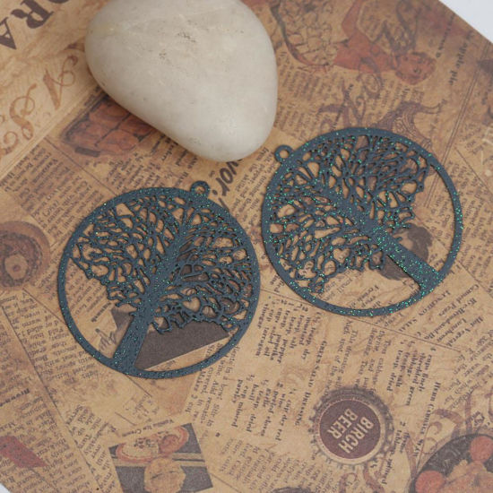 Immagine di Ottone Ciondoli Grigio Scuro Tondo Albero di Vita Filigree Stamping 4.3cm x 4cm, 5 Pz