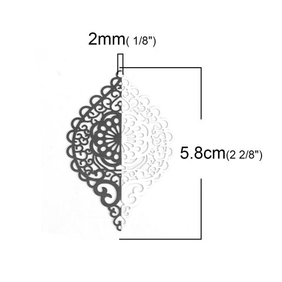 Изображение Латунь Подвески Черный & Белый Овальные Сердце Филигранные цветок железа 5.8см x 3.7см, 5 ШТ                                                                                                                                                                  