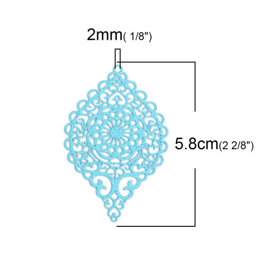 Image de Pendentifs en Laiton Ovale Bleu Clair Cœur Estampe en Filigrane 5.8cm x 3.7cm, 5 Pcs                                                                                                                                                                          