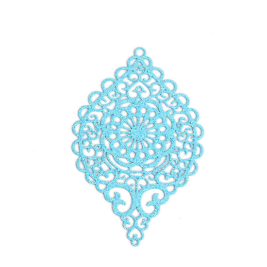 Picture of Brass Pendants Light Blue Oval Heart Filigree Stamping 5.8cm x 3.7cm, 5 PCs                                                                                                                                                                                   